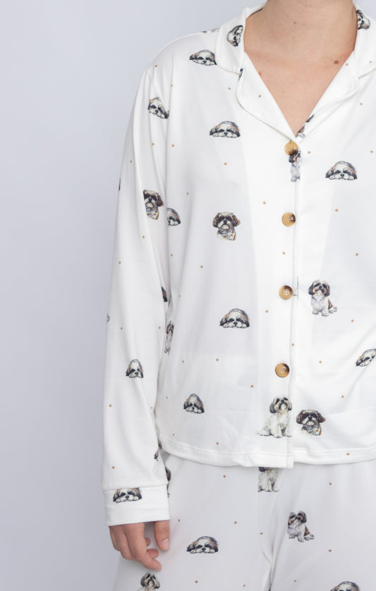 Pijama de SHIH TZU🐾 Modelo Briana Camisero manga larga & Pantalón )