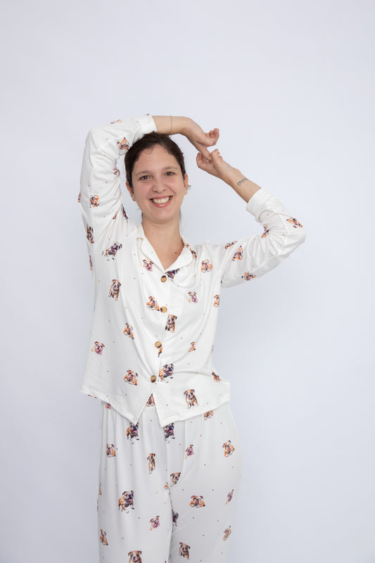 Pijama de Bulldog inglés 🐾 Modelo Briana Camisero manga larga & Pantalón