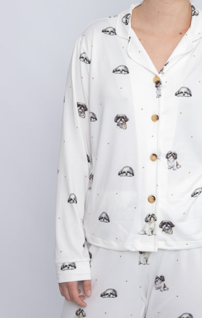 Pijama de SHIH TZU🐾 Modelo Briana Camisero manga larga & Pantalón )