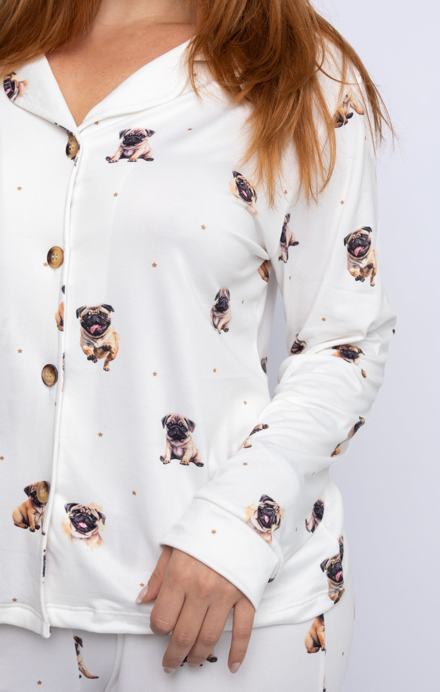 Pijama de Pug 🐾 Modelo Briana Camisero manga larga & Pantalón